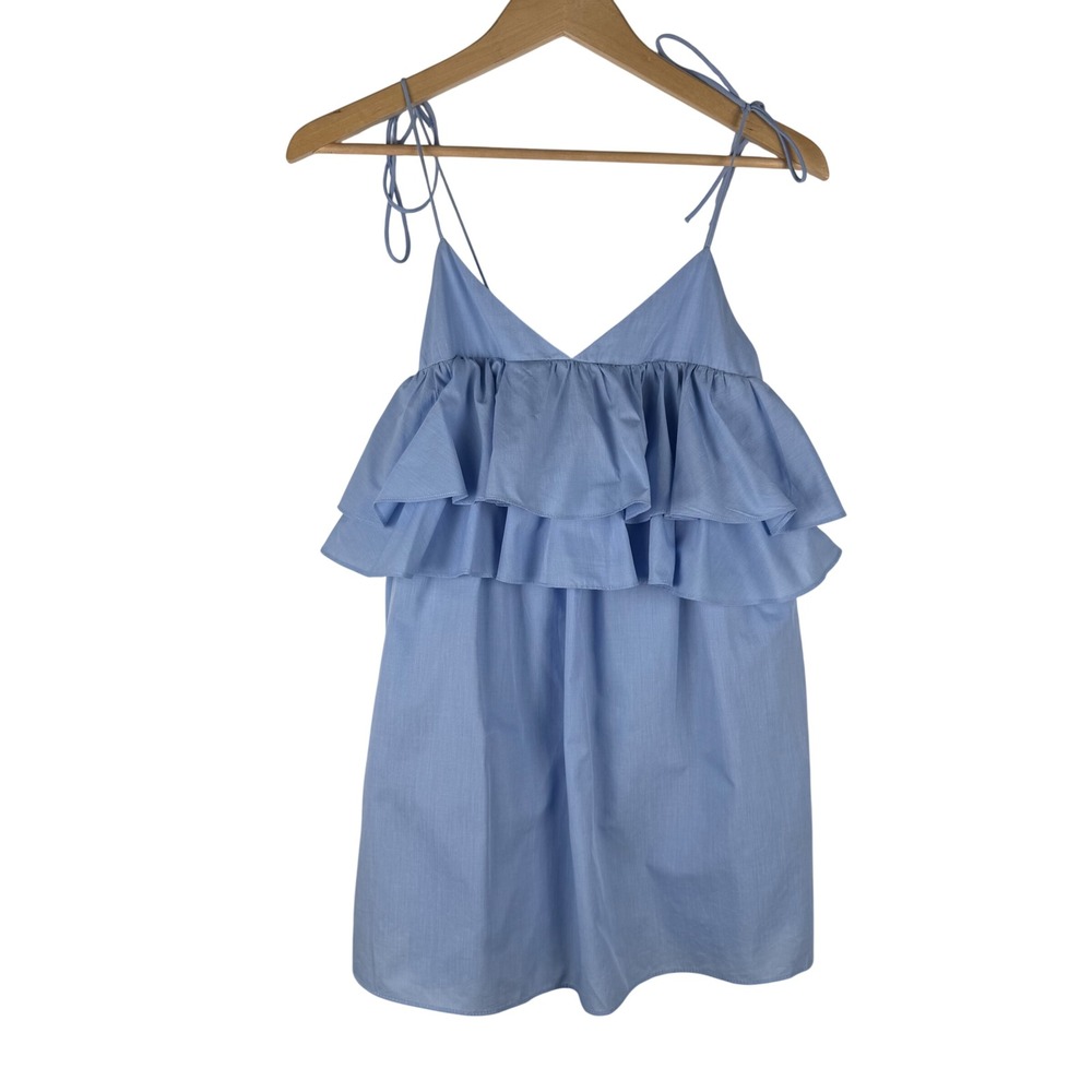 Zara Trafaluc Blue Tiered Ruffleβ Mini Dress Womens S Tie Shoulder Pockets